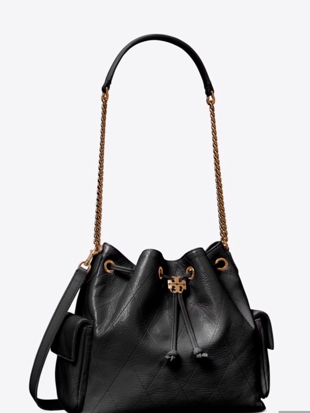 TORY BURCH SMALL CHARLIE Black Quilted Leather Drawstring Bag /Gold Chain - Picture 7 of 8